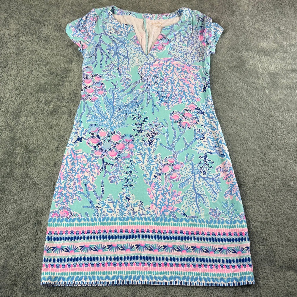 Lilly Pulitzer Etta V-Neck T-Shirt‎ Dress Teal Coral Reef Print XS Short Sleeve